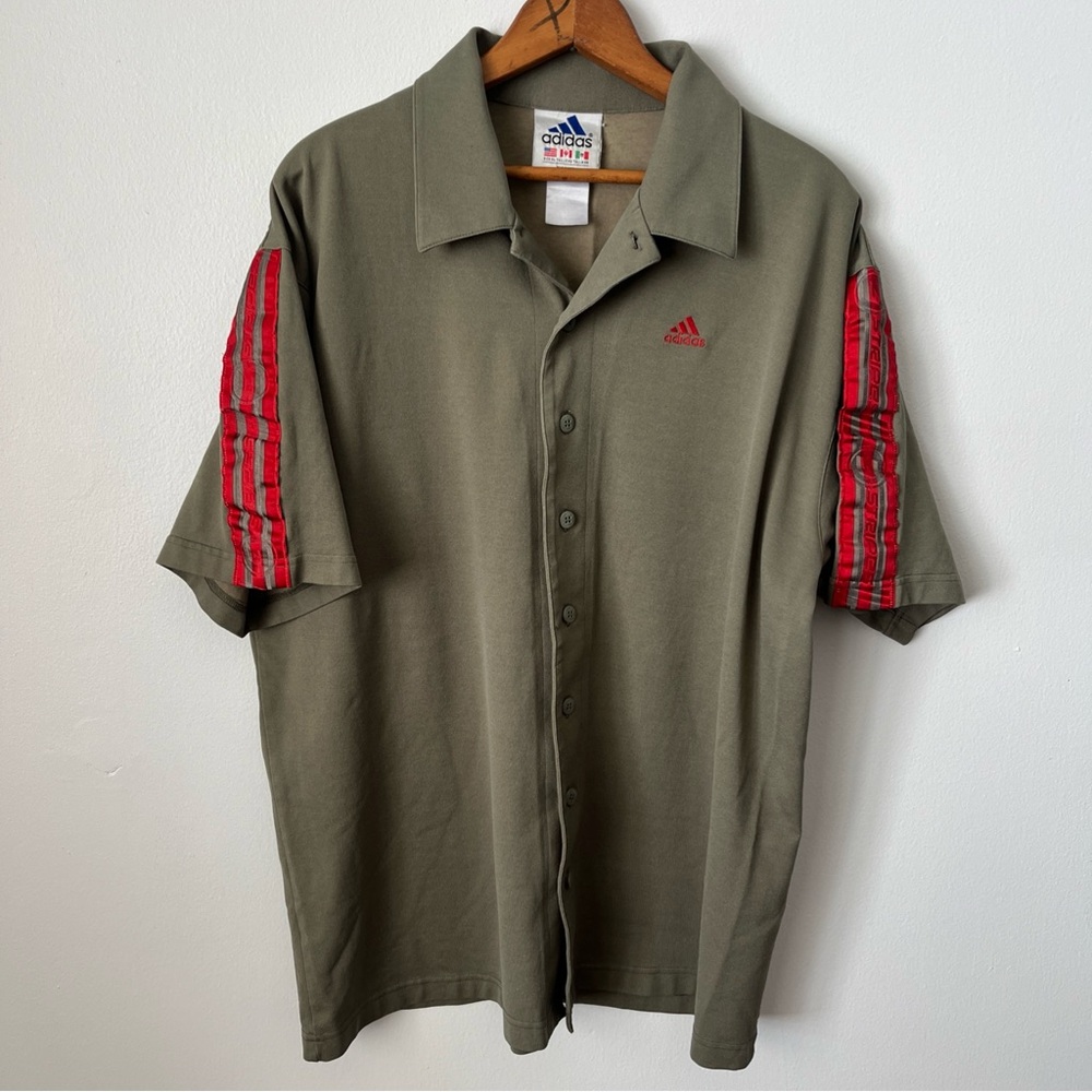 Vintage Adidas Shirt Mens XL Green Heavy Knit Red Striped 90s Button Up Logo Top
